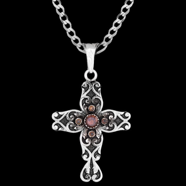 The stunning Ezekiel Cross Pendant Necklace features a german silver base and scrollowork with five customizable zirconia stones. Pair it with a special discount sterling silver chain today!